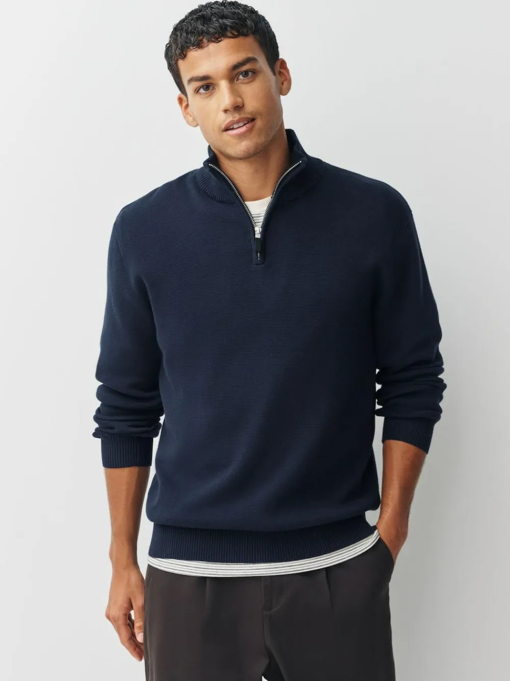 New Next N.Premium 100% Cotton Regular Fit Premium Quarter Zip Jumpers 2 Pack Navy Blue/Oatmeal