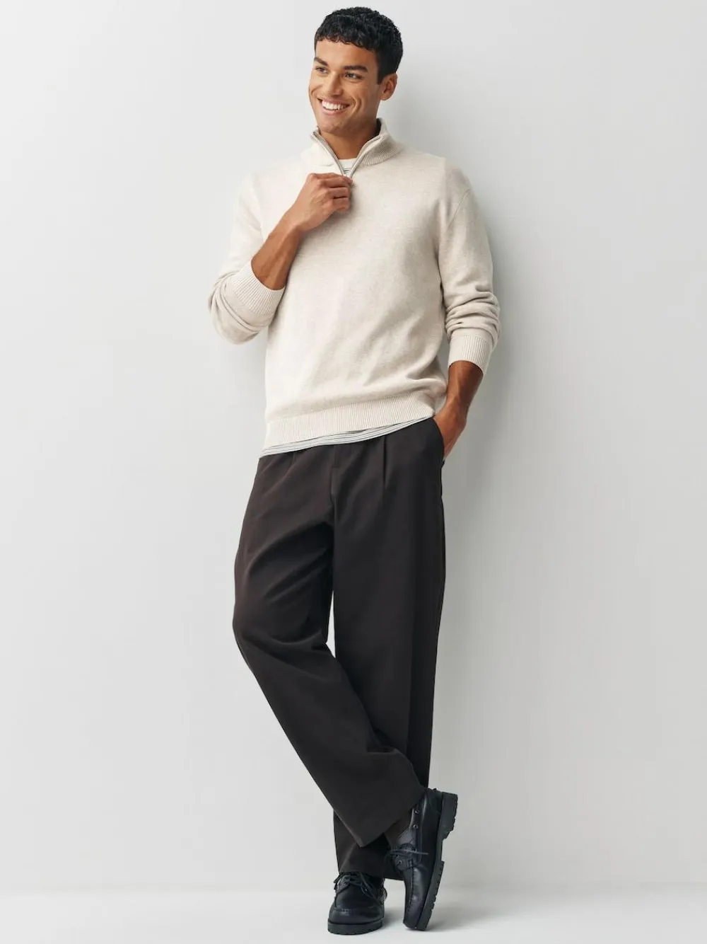 New Next N.Premium 100% Cotton Regular Fit Premium Quarter Zip Jumpers 2 Pack Navy Blue/Oatmeal