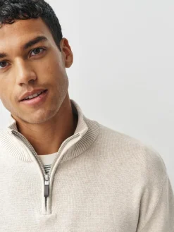 New Next N.Premium 100% Cotton Regular Fit Premium Quarter Zip Jumpers 2 Pack Navy Blue/Oatmeal