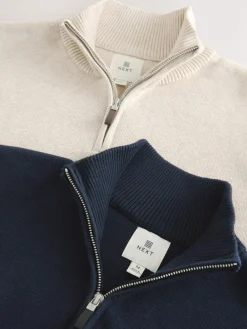 New Next N.Premium 100% Cotton Regular Fit Premium Quarter Zip Jumpers 2 Pack Navy Blue/Oatmeal