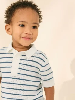 Discount Next Button Neck Knitted 100% Cotton Polo Shirt (3mths-7yrs) Navy Blue/White