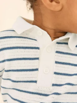 Discount Next Button Neck Knitted 100% Cotton Polo Shirt (3mths-7yrs) Navy Blue/White