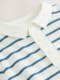 Discount Next Button Neck Knitted 100% Cotton Polo Shirt (3mths-7yrs) Navy Blue/White