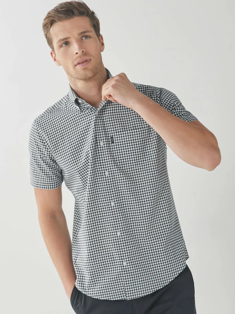 Next Navy Blue/White Gingham Check Easy Iron Button Down Short Sleeve Oxford Shirt^ Shirts