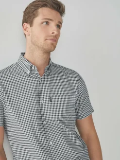 Next Navy Blue/White Gingham Check Easy Iron Button Down Short Sleeve Oxford Shirt^ Shirts