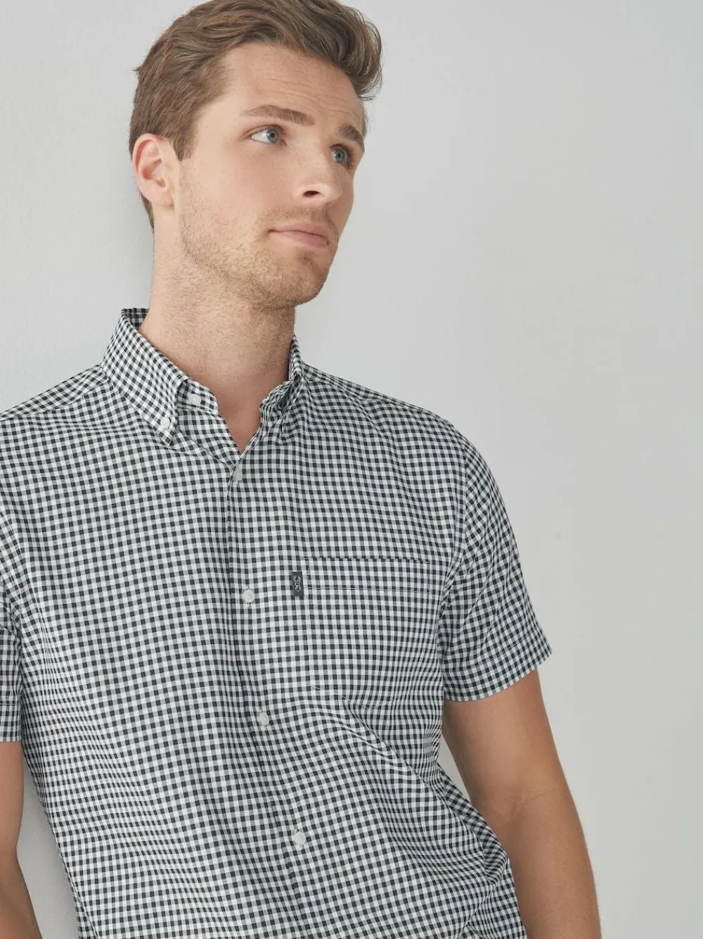 Next Navy Blue/White Gingham Check Easy Iron Button Down Short Sleeve Oxford Shirt^ Shirts