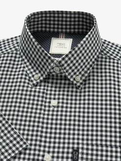 Next Navy Blue/White Gingham Check Easy Iron Button Down Short Sleeve Oxford Shirt^ Shirts