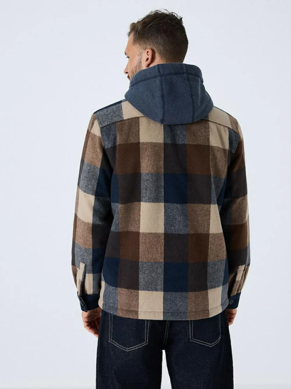 Next Navy Borg Lined Check Hooded Shacket^ Coats & Jackets|Coats & Jackets