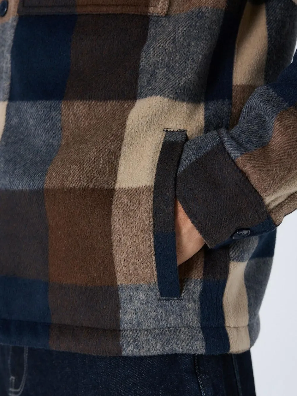 Next Navy Borg Lined Check Hooded Shacket^ Coats & Jackets|Coats & Jackets