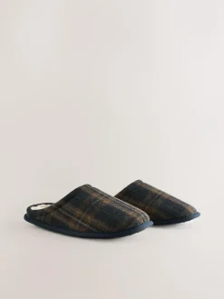 New Next Check Mule Slippers Navy
