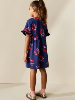 New Next Short Sleeve Jersey Dress (3-16yrs) Navy Cherry Print