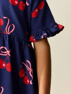 New Next Short Sleeve Jersey Dress (3-16yrs) Navy Cherry Print