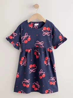 New Next Short Sleeve Jersey Dress (3-16yrs) Navy Cherry Print
