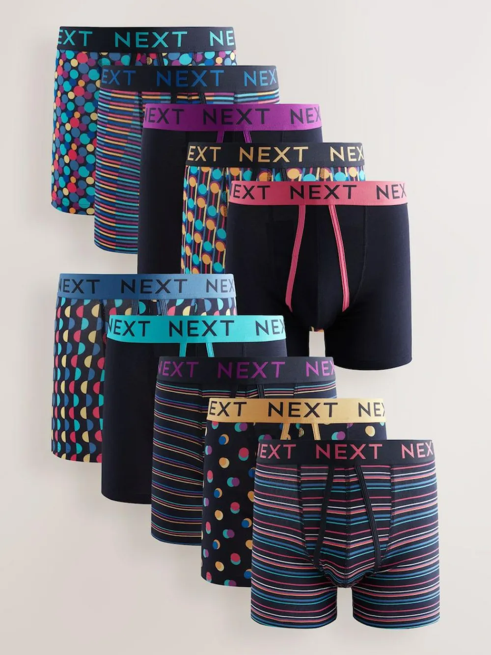New Next Navy Colour Pop Spot Stripe 10 pack A-Front Boxers