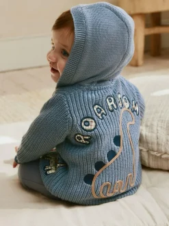 Next Navy Dinosaur Print Embroidered Baby Knitted Hooded Cardigan (0mths-2yrs)^BOY Knitwear|Knitwear