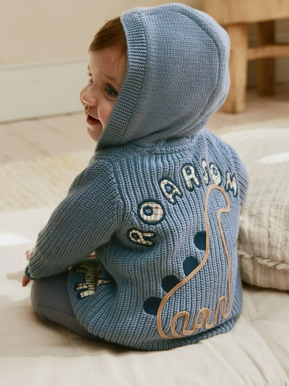 Next Navy Dinosaur Print Embroidered Baby Knitted Hooded Cardigan (0mths-2yrs)^BOY Knitwear|Knitwear