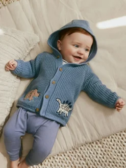 Next Navy Dinosaur Print Embroidered Baby Knitted Hooded Cardigan (0mths-2yrs)^BOY Knitwear|Knitwear