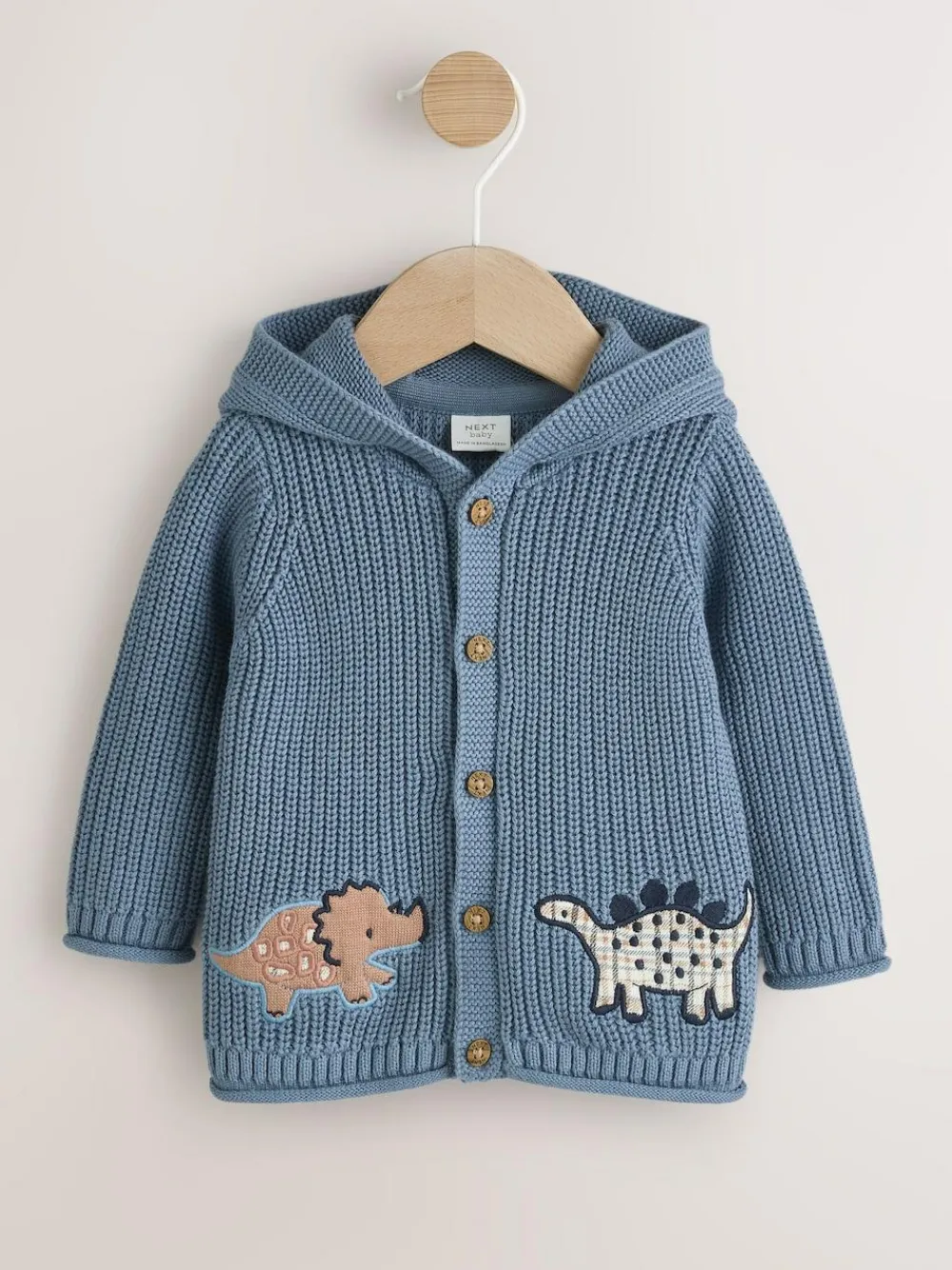 Next Navy Dinosaur Print Embroidered Baby Knitted Hooded Cardigan (0mths-2yrs)^BOY Knitwear|Knitwear