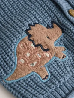 Next Navy Dinosaur Print Embroidered Baby Knitted Hooded Cardigan (0mths-2yrs)^BOY Knitwear|Knitwear