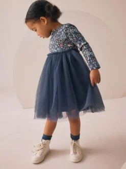 New Next Long Sleeve Mesh Party Dress (3mths-7yrs) Navy Floral