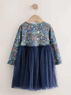 New Next Long Sleeve Mesh Party Dress (3mths-7yrs) Navy Floral