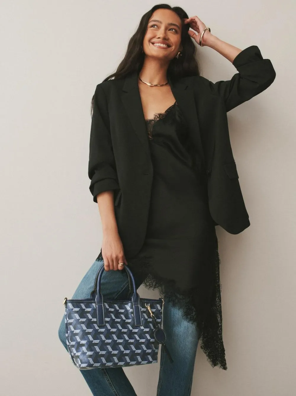 New Next Navy Geometric Print Cross-Body Bag