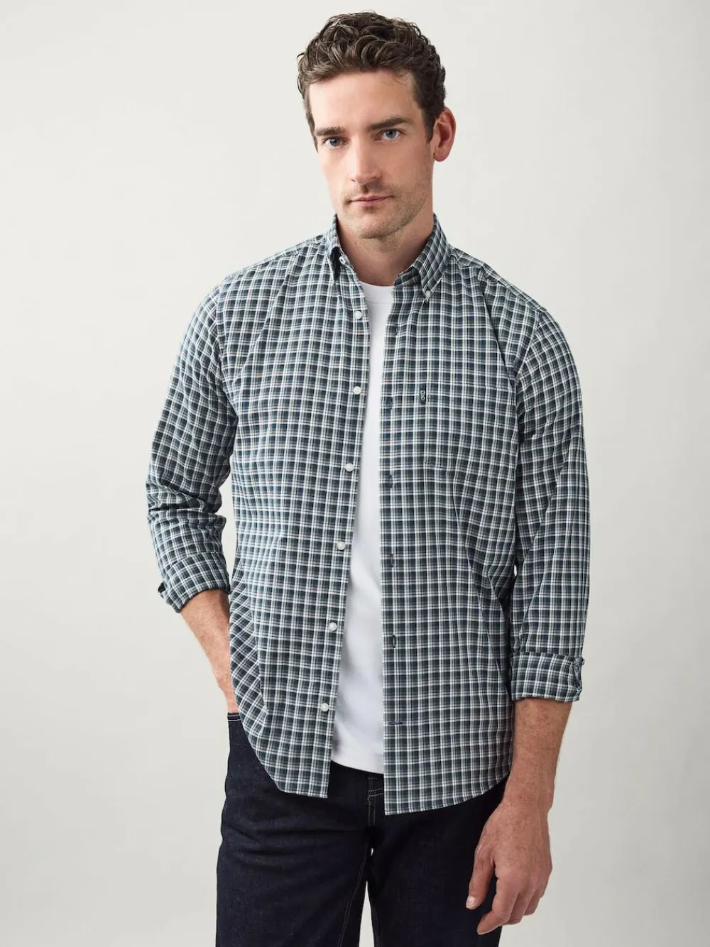 Next Navy Micro Check Regular Fit Easy Iron Button Down Oxford Shirt^ Shirts