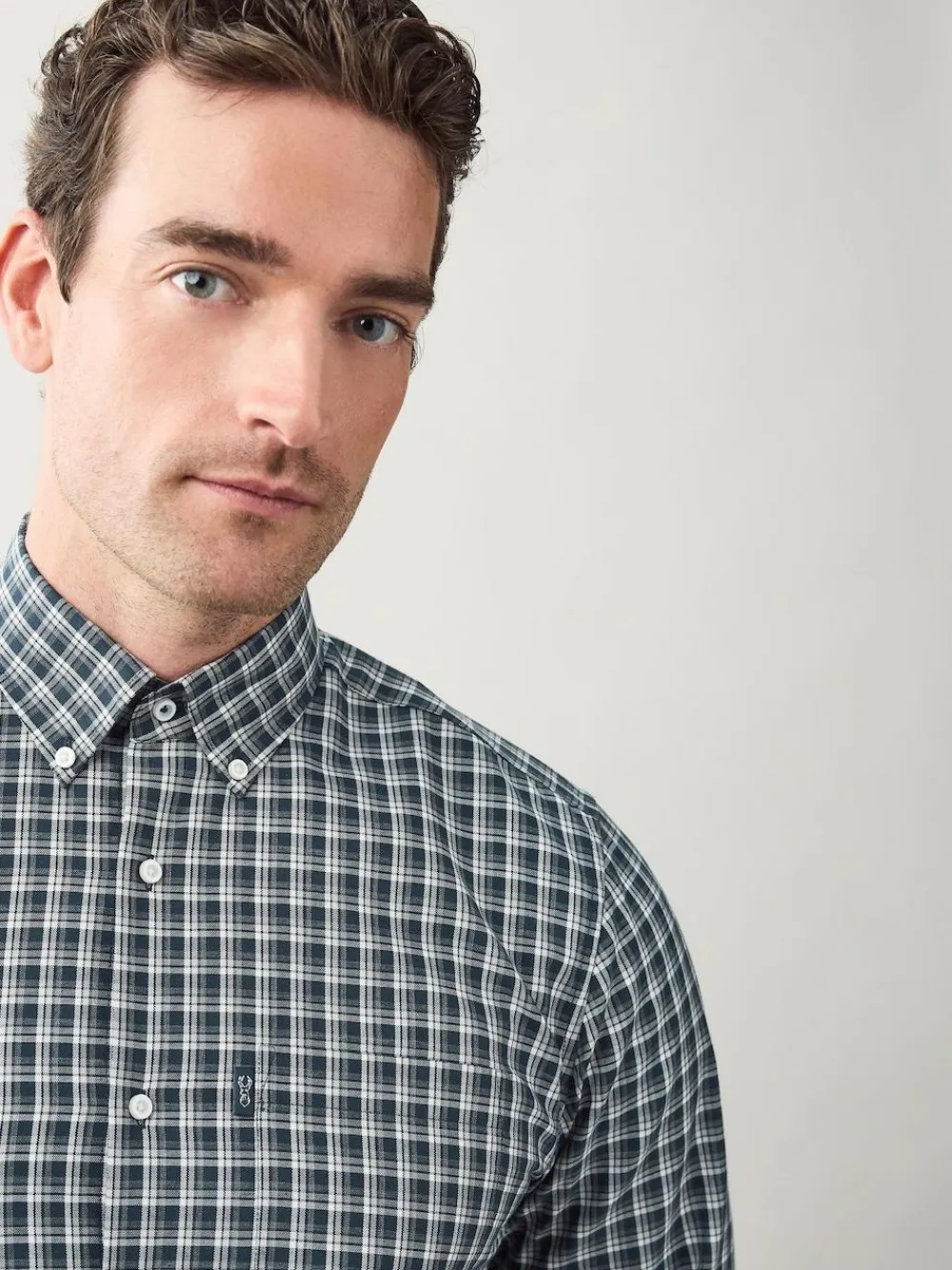 Next Navy Micro Check Regular Fit Easy Iron Button Down Oxford Shirt^ Shirts