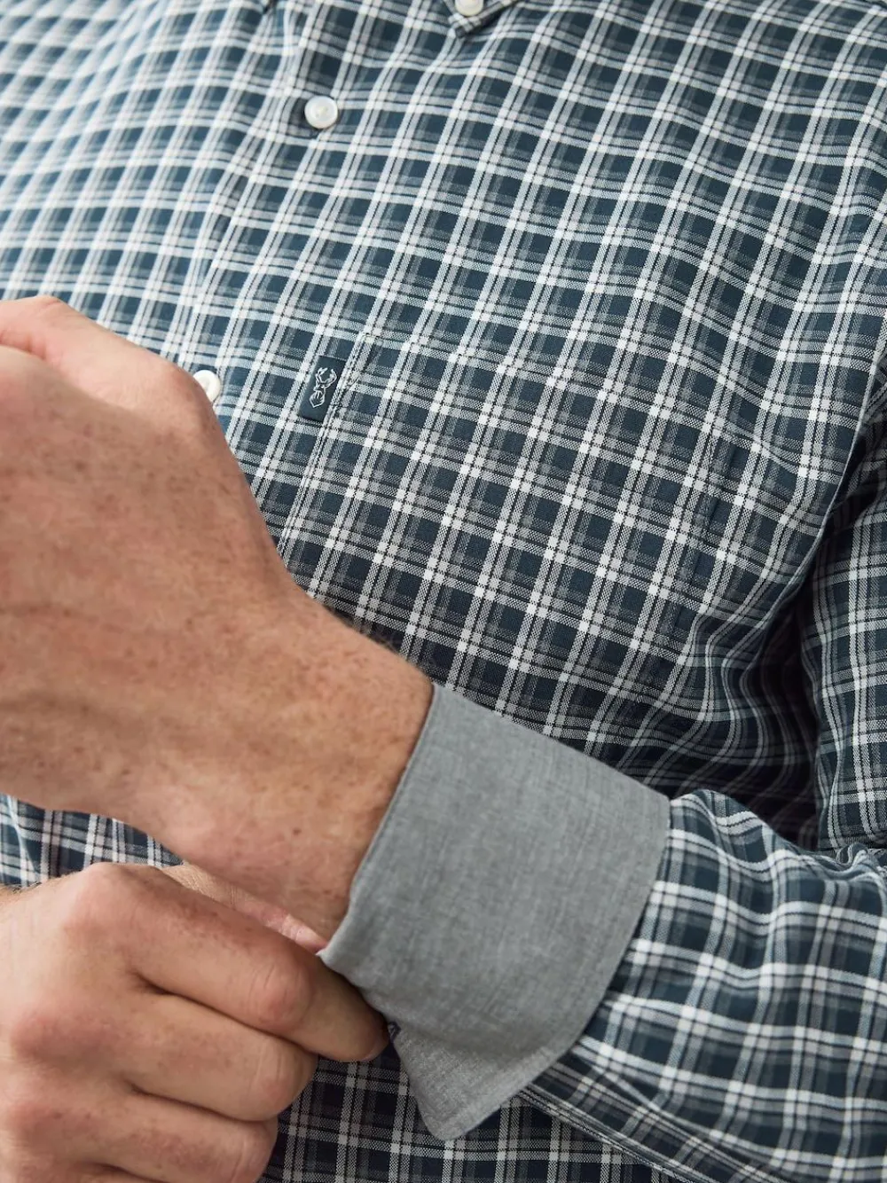 Next Navy Micro Check Regular Fit Easy Iron Button Down Oxford Shirt^ Shirts