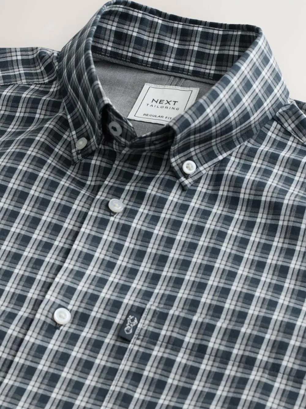 Next Navy Micro Check Regular Fit Easy Iron Button Down Oxford Shirt^ Shirts
