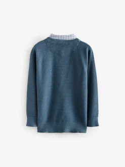 Next Mock Gingham Shirt and Crew Neck 100% Cotton Jumper (3-16yrs)^BOY Knitwear & Sweaters|Knitwear