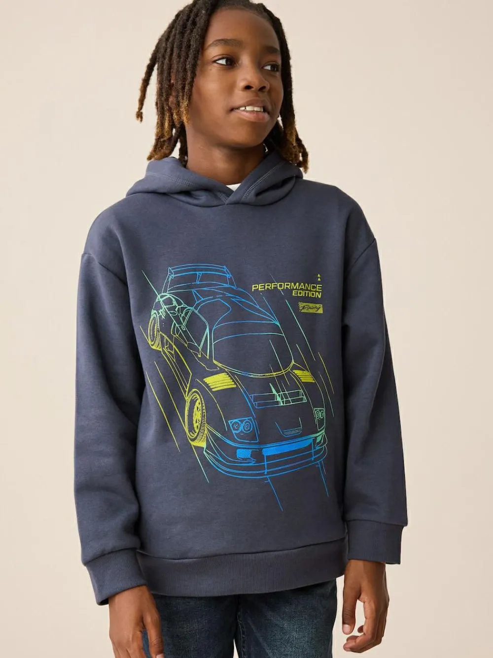 Hot Next Navy Neon Car Older Boys Graphic Print Hoodie (3-16yrs)