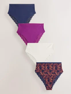 Next Navy Paisley High Rise High Leg Cotton Lace Knickers 4 Pack^Women Panties|All Lingerie