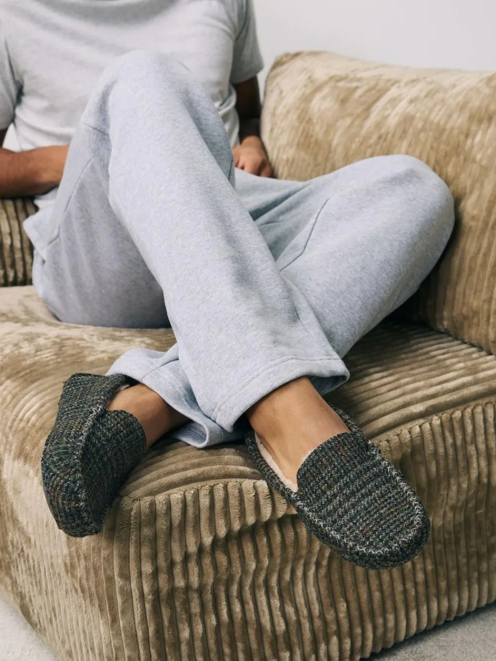 Online Next Navy Signature Harris Tweed Moccasin Slippers