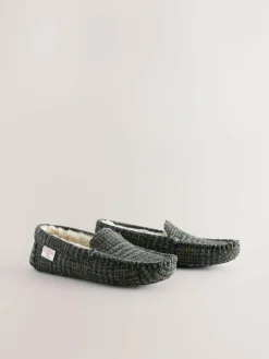 Online Next Navy Signature Harris Tweed Moccasin Slippers