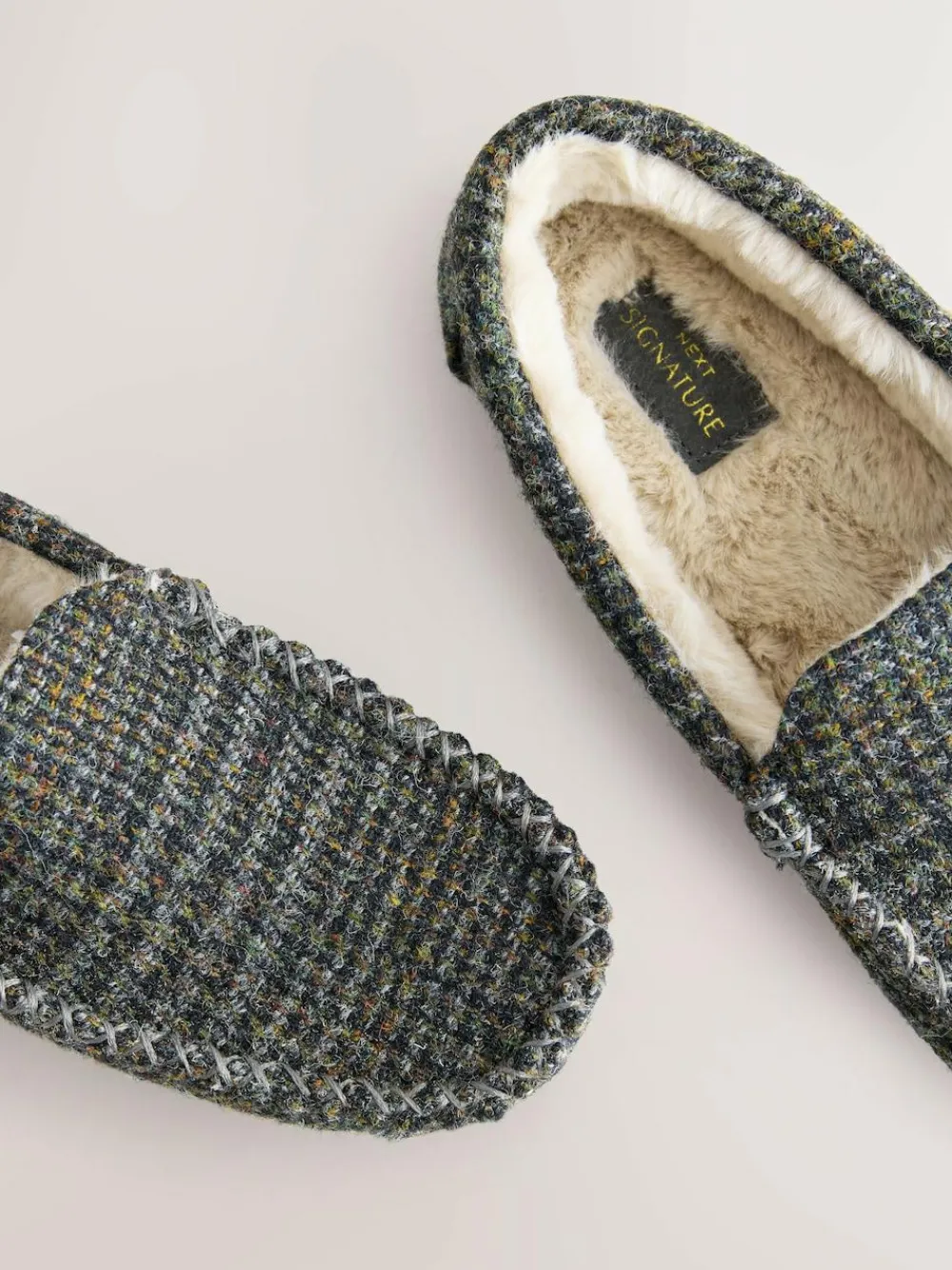 Online Next Navy Signature Harris Tweed Moccasin Slippers
