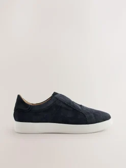 New Next Signature Premium Leather Laceless Slip-On Trainers Navy