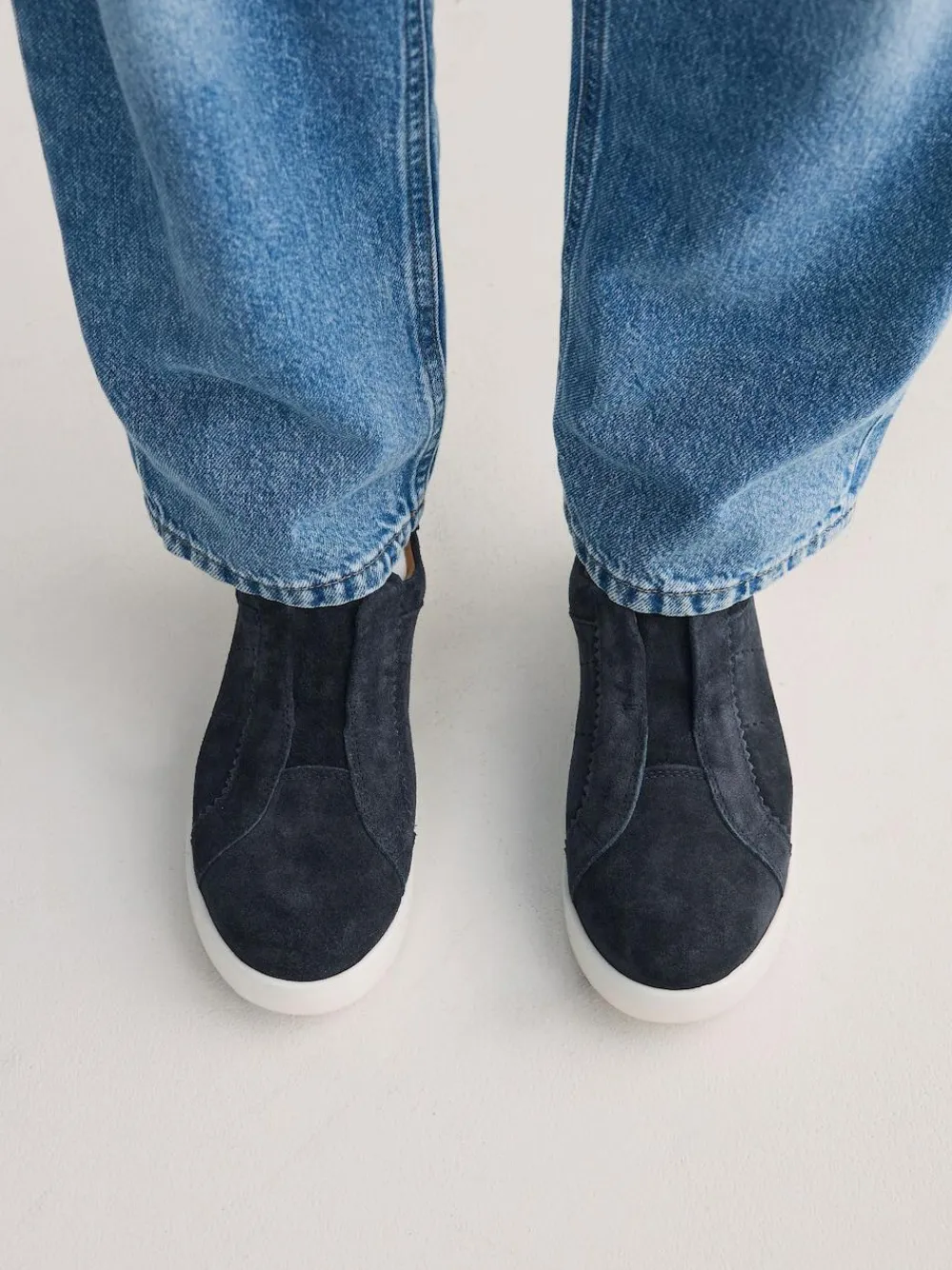 New Next Signature Premium Leather Laceless Slip-On Trainers Navy