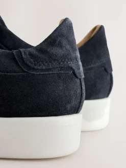 New Next Signature Premium Leather Laceless Slip-On Trainers Navy