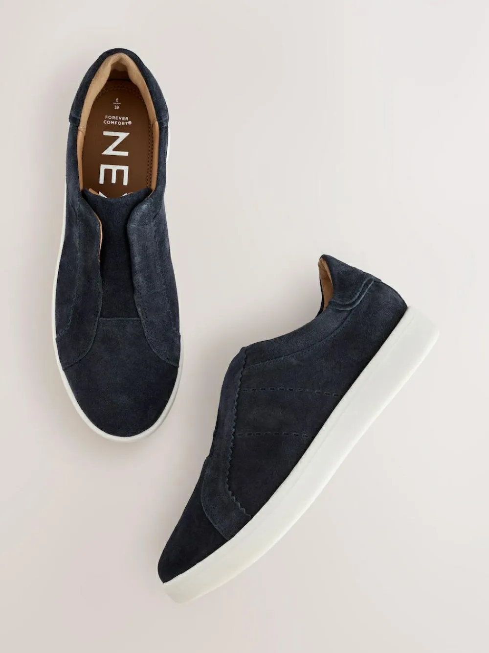 New Next Signature Premium Leather Laceless Slip-On Trainers Navy