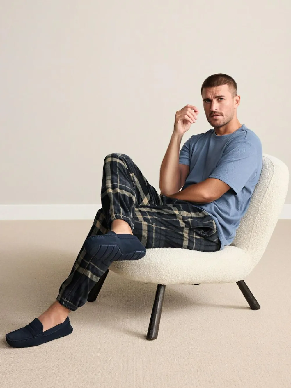 Next Signature Suede Fabric Trim Moccasin Slippers Navy