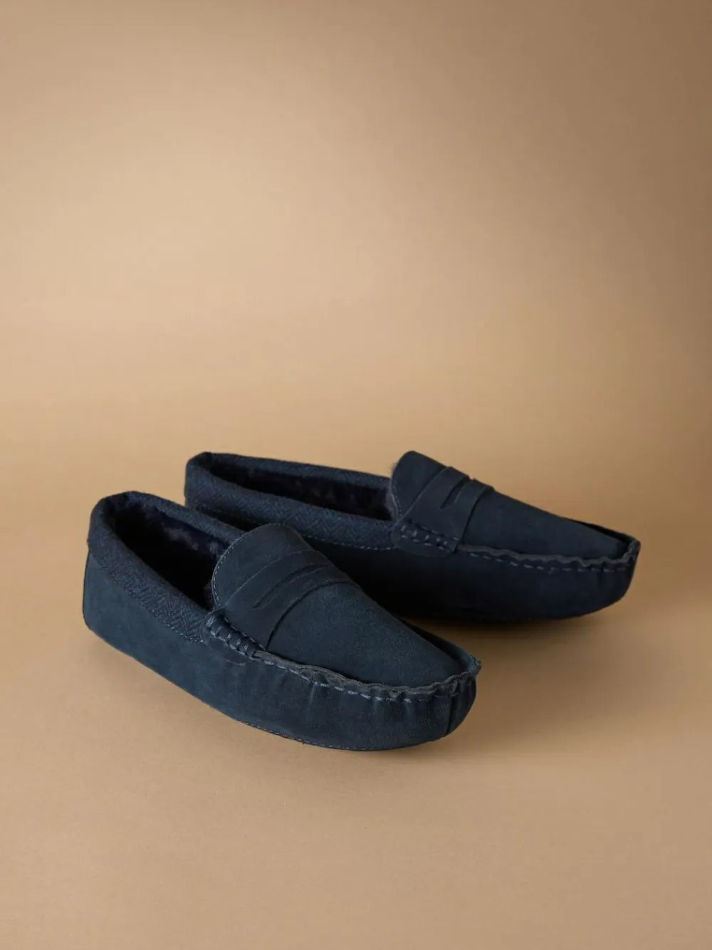 Next Signature Suede Fabric Trim Moccasin Slippers Navy