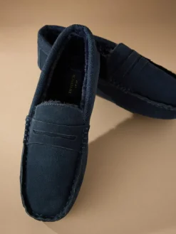 Next Signature Suede Fabric Trim Moccasin Slippers Navy