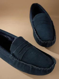 Next Signature Suede Fabric Trim Moccasin Slippers Navy