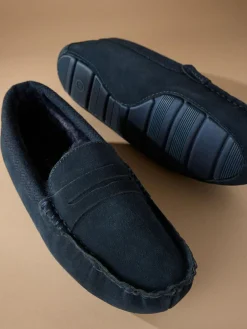 Next Signature Suede Fabric Trim Moccasin Slippers Navy