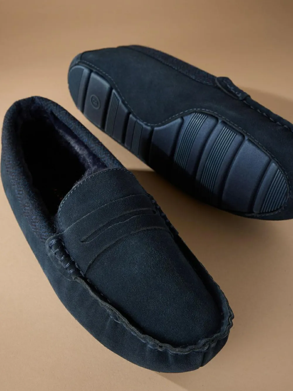 Next Signature Suede Fabric Trim Moccasin Slippers Navy