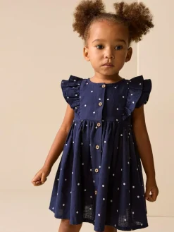 New Next Navy Spot Double Ruffle Sleeve Dress (3mths-8yrs)