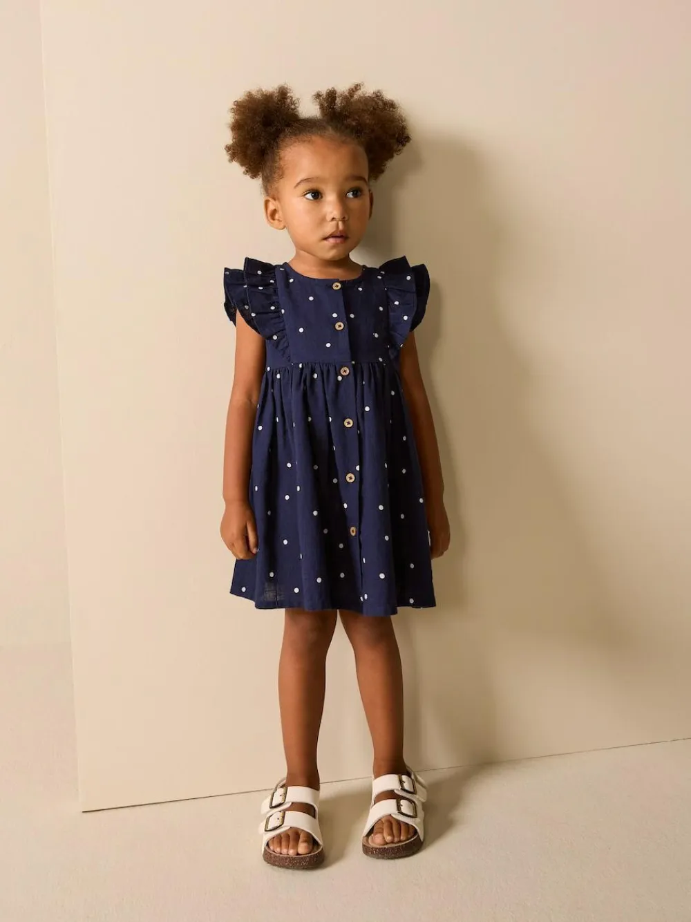 New Next Navy Spot Double Ruffle Sleeve Dress (3mths-8yrs)