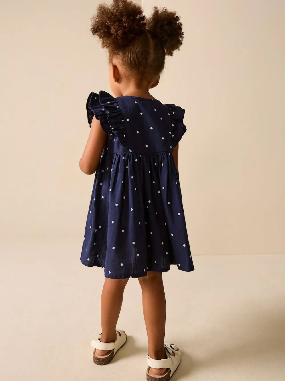New Next Navy Spot Double Ruffle Sleeve Dress (3mths-8yrs)