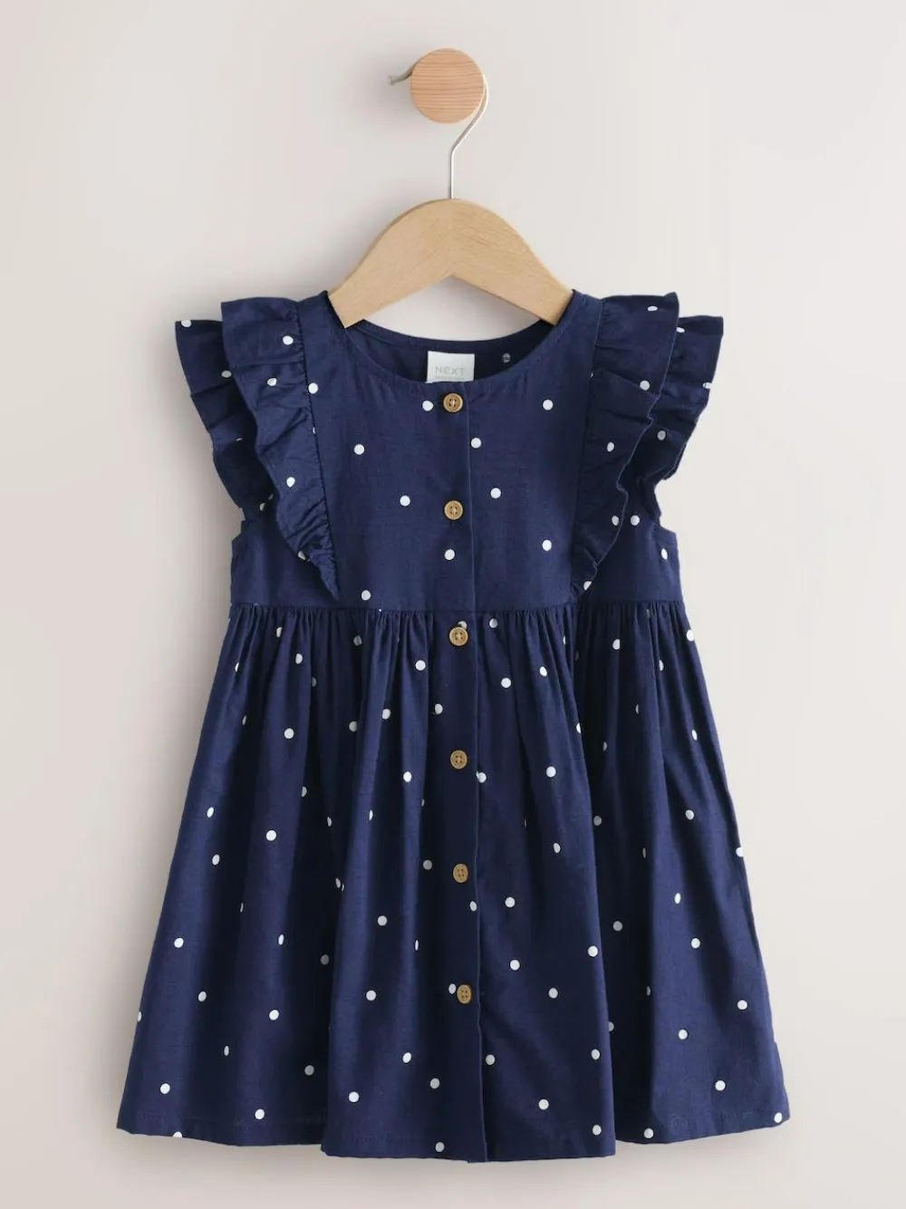 New Next Navy Spot Double Ruffle Sleeve Dress (3mths-8yrs)